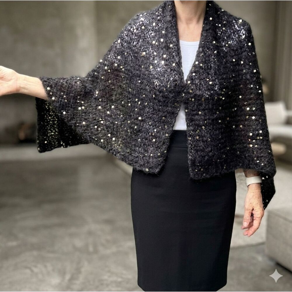 Handknit black  Mohair Wrap with gold Square Sequins evening shawl stole